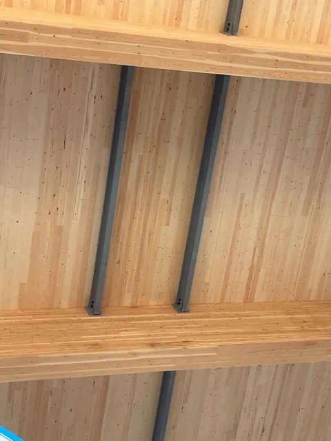 Glulam beams and cross-laminated timber ceiling panels with an even clear factory finish, steel connector plates left crisp between bays
